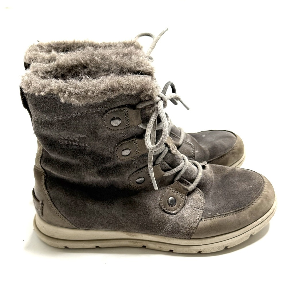 Sorel Winter Boots Womens 9.5 Explorer Joan Gray Suede Faux Fur NL3039-052